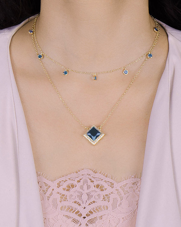 Gemma Blue Crystal Geometric Pendant Gold Necklace