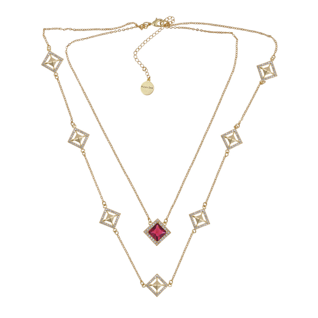 Malaya Red Crystal Kite Double Layer Gold Necklace - Purple Dew