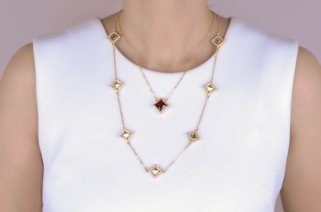 Malaya Red Crystal Kite Double Layer Gold Necklace - Purple Dew