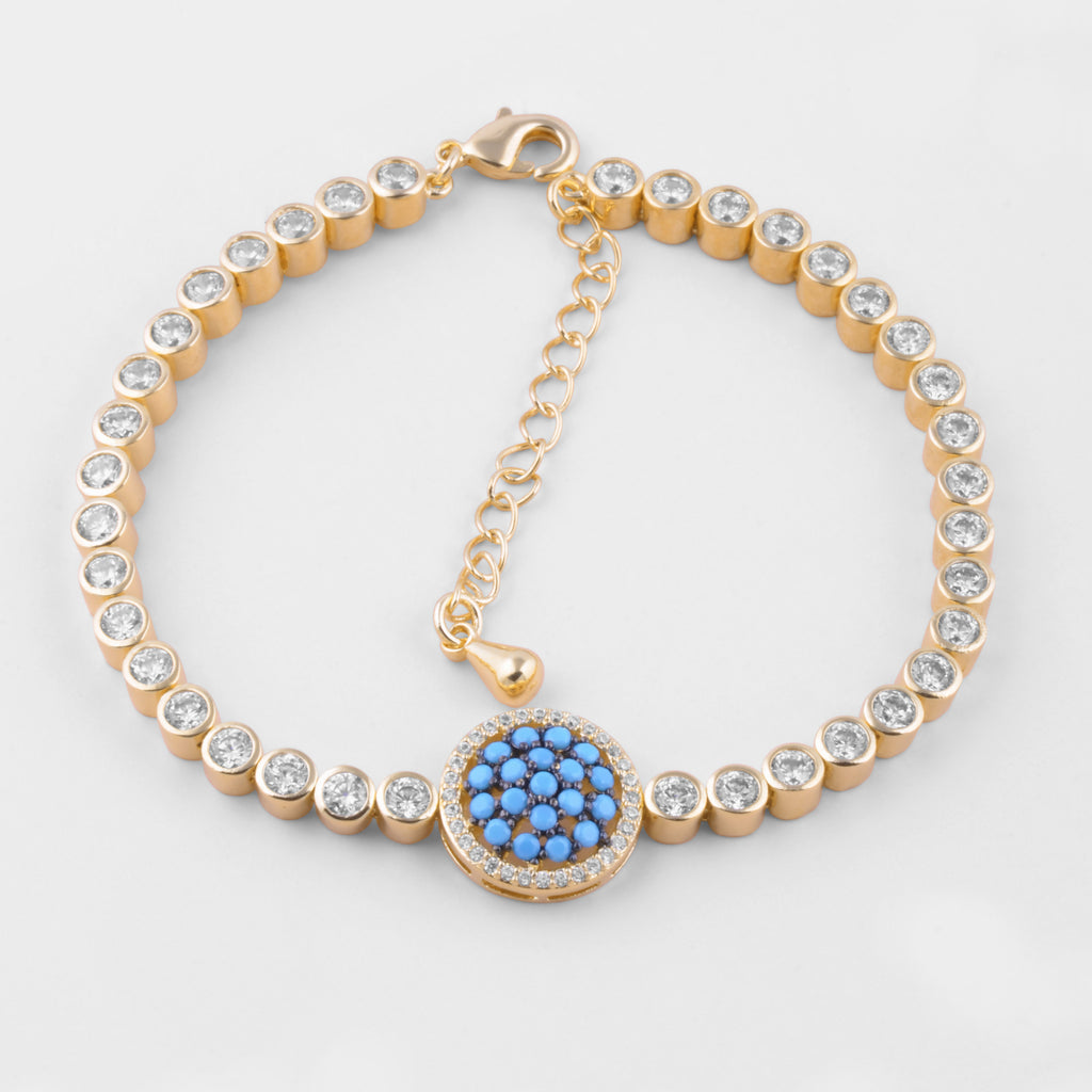 Bezel Set Gold Tennis Bracelet with Blue Zircon for women