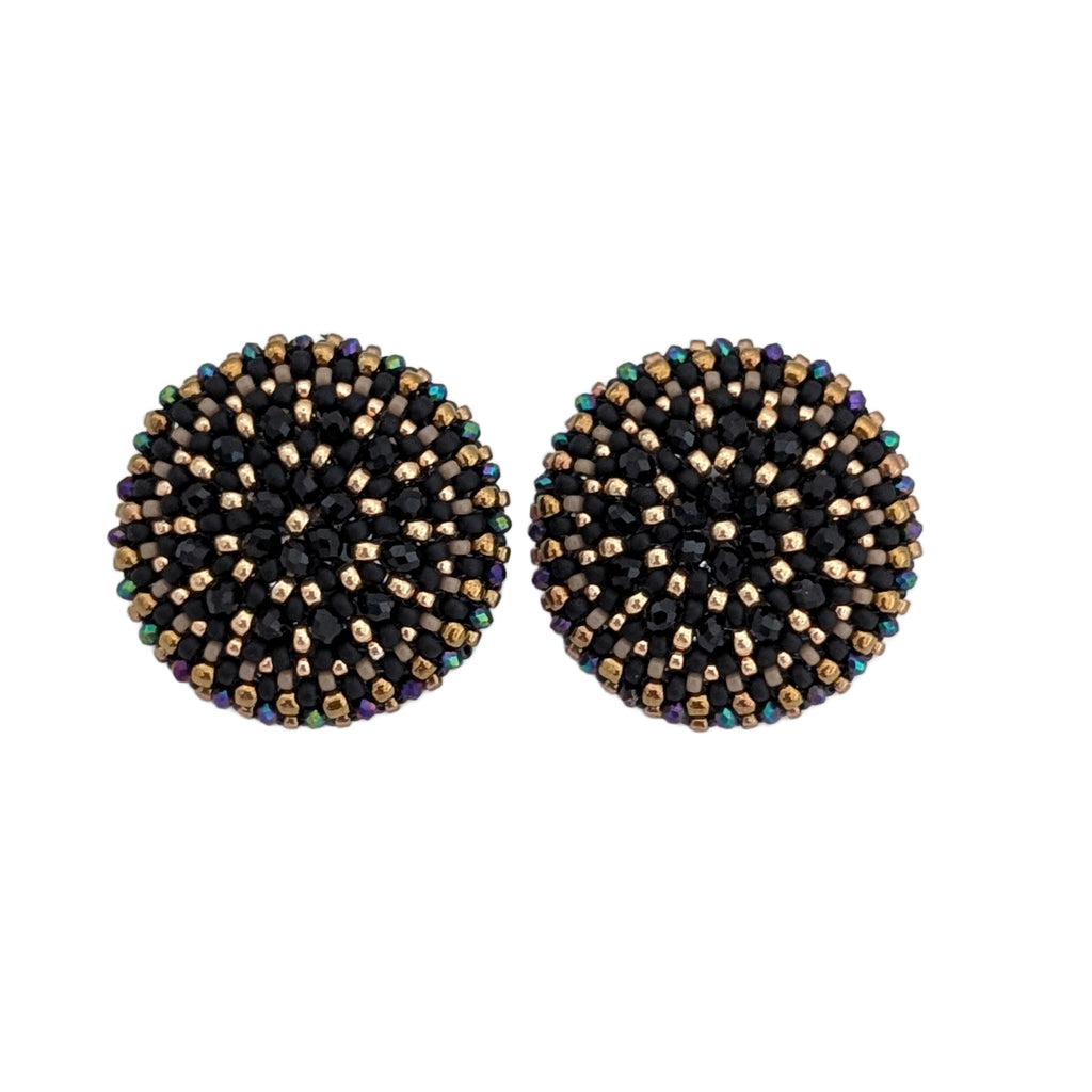 Dahlia Flower Black Bead Stud Earrings - Large