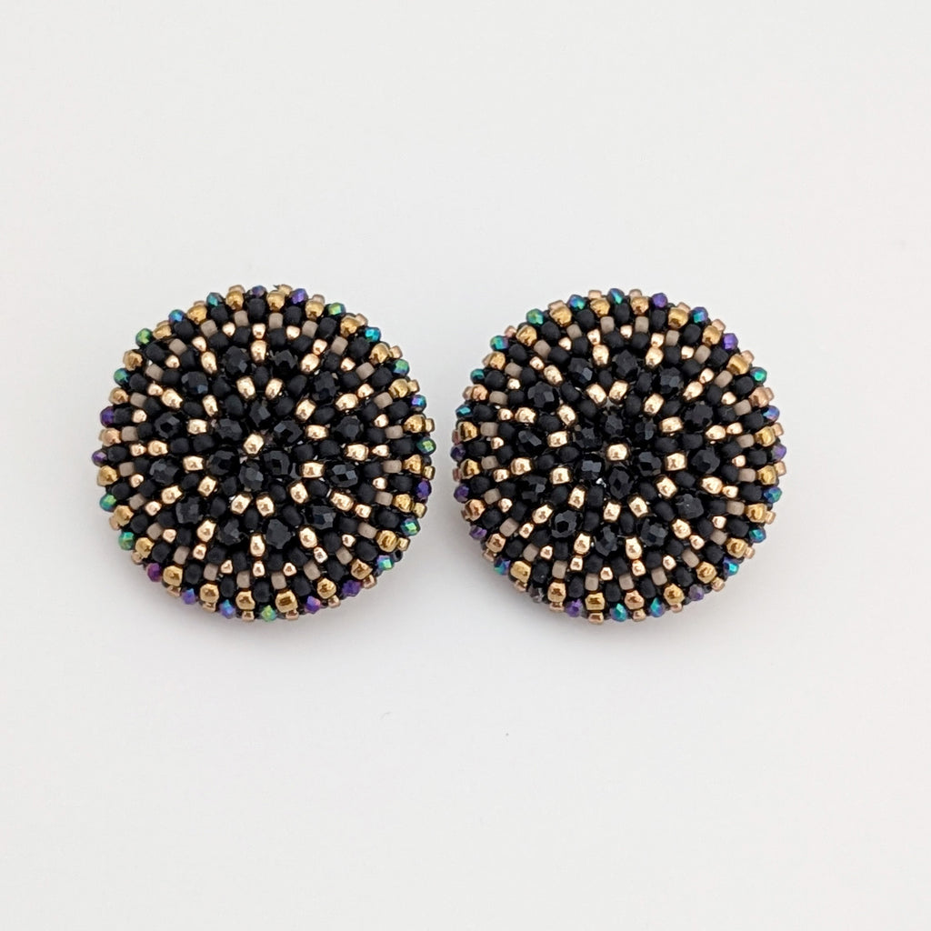 Dahlia Flower Black Bead Stud Earrings - Large