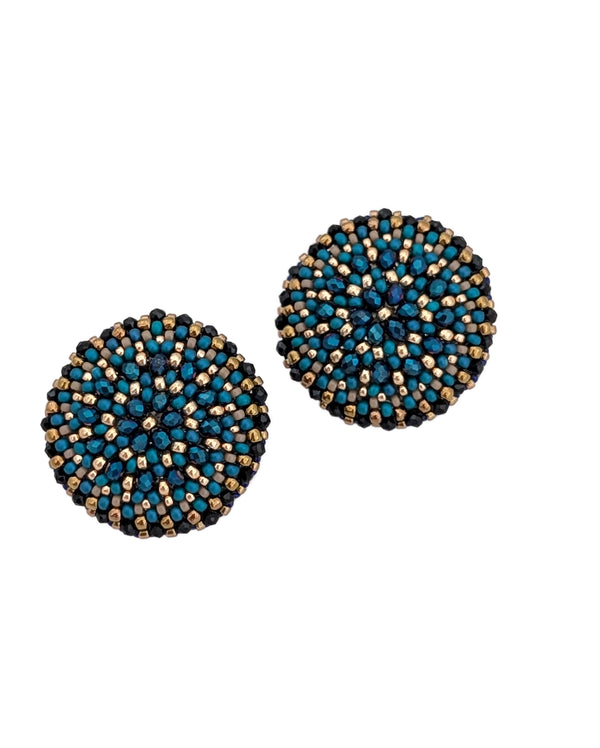 Dahlia Flower Dark Blue Bead Stud Earrings - Large