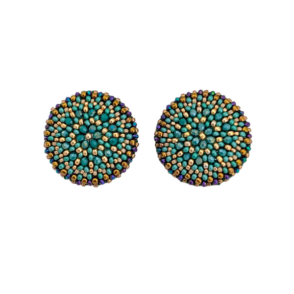 Dahlia Flower Teal Bead Stud Earrings - Large