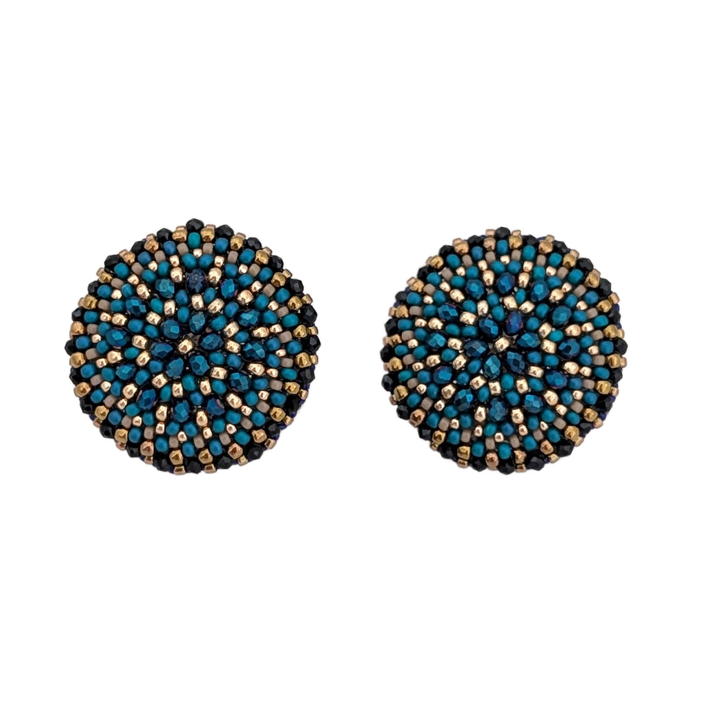 Dahlia Flower Dark Blue Bead Stud Earrings - Large