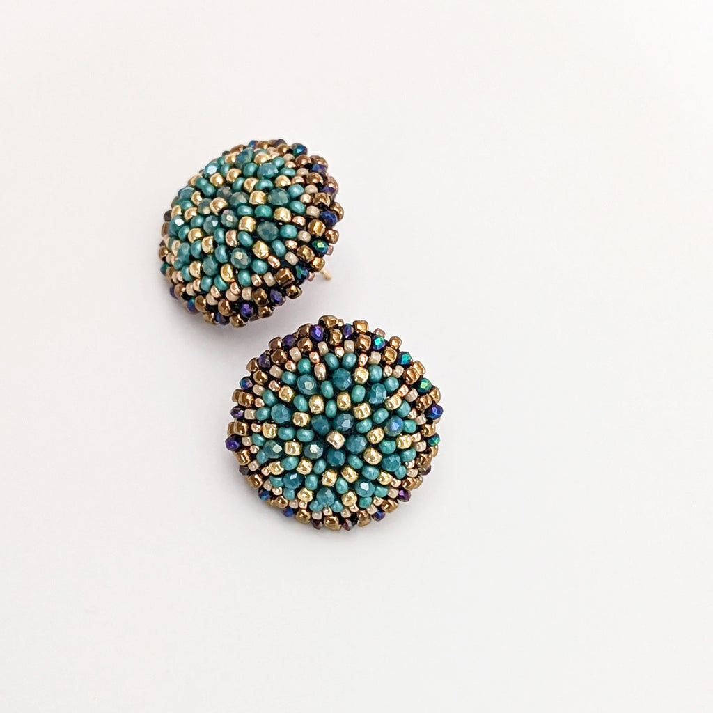 Dahlia Flower Teal Bead Stud Earrings