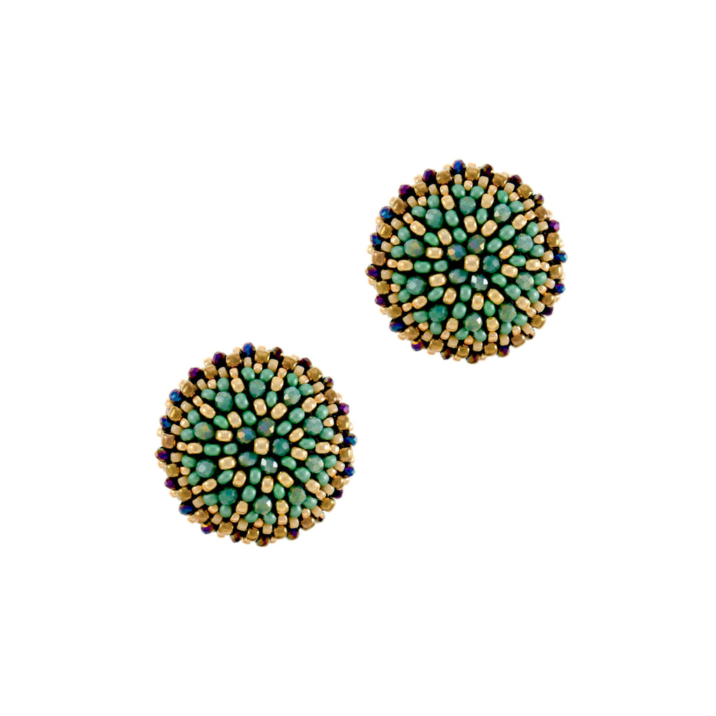 Dahlia Flower Teal Bead Stud Earrings
