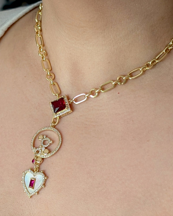 Irene Red Crystal Heart Drop Gold Necklace
