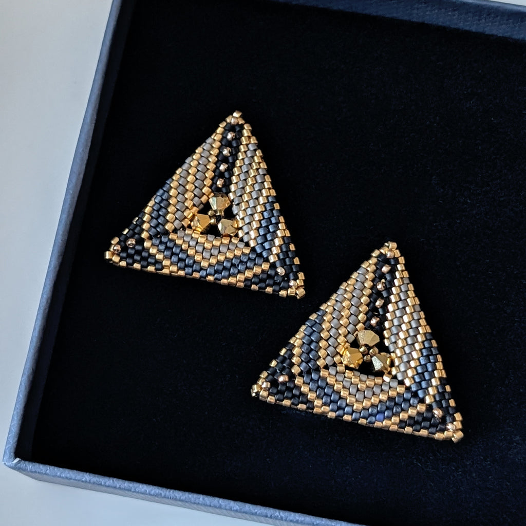 Triana Black Gray Stripe Geometric Beaded Stud Earrings