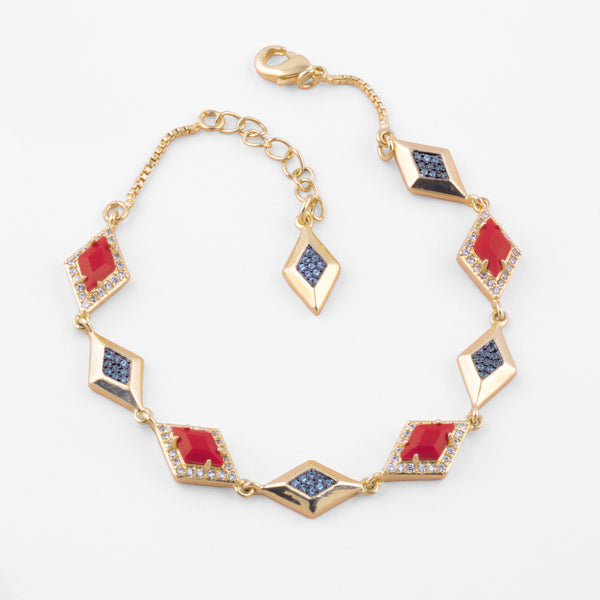 Red and Blue Crystal Geometric Link Gold Tennis Bracelet For Women