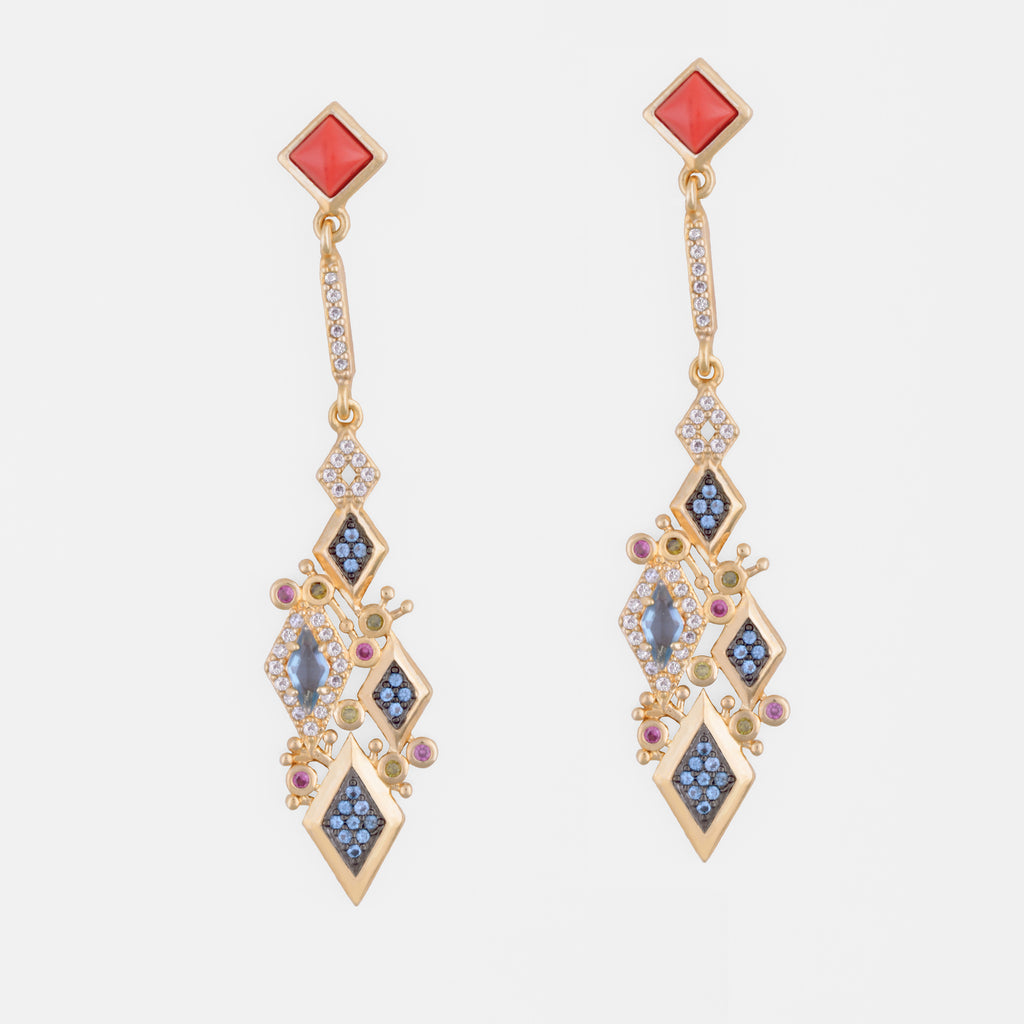 Doris Crystal Cluster Drop Gold Earrings - Purple Dew