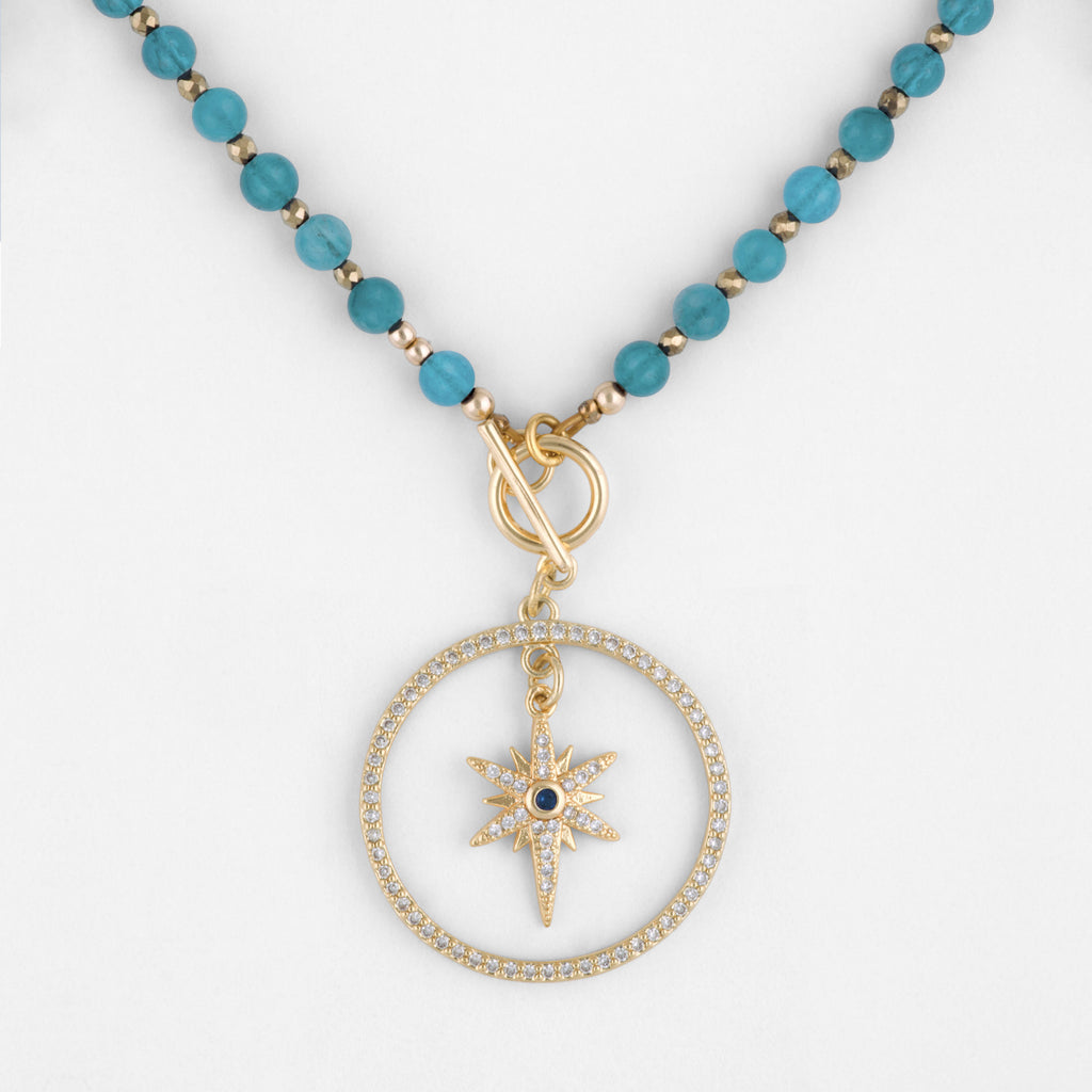 Eudora Blue Apatite Gemstone Necklace with Customizable Gold Pendant