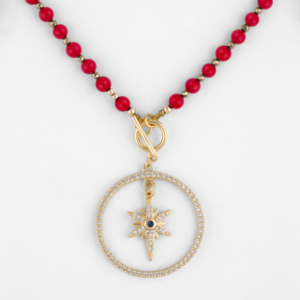Eudora Red Coral Gemstone Necklace with Customizable Gold Pendant
