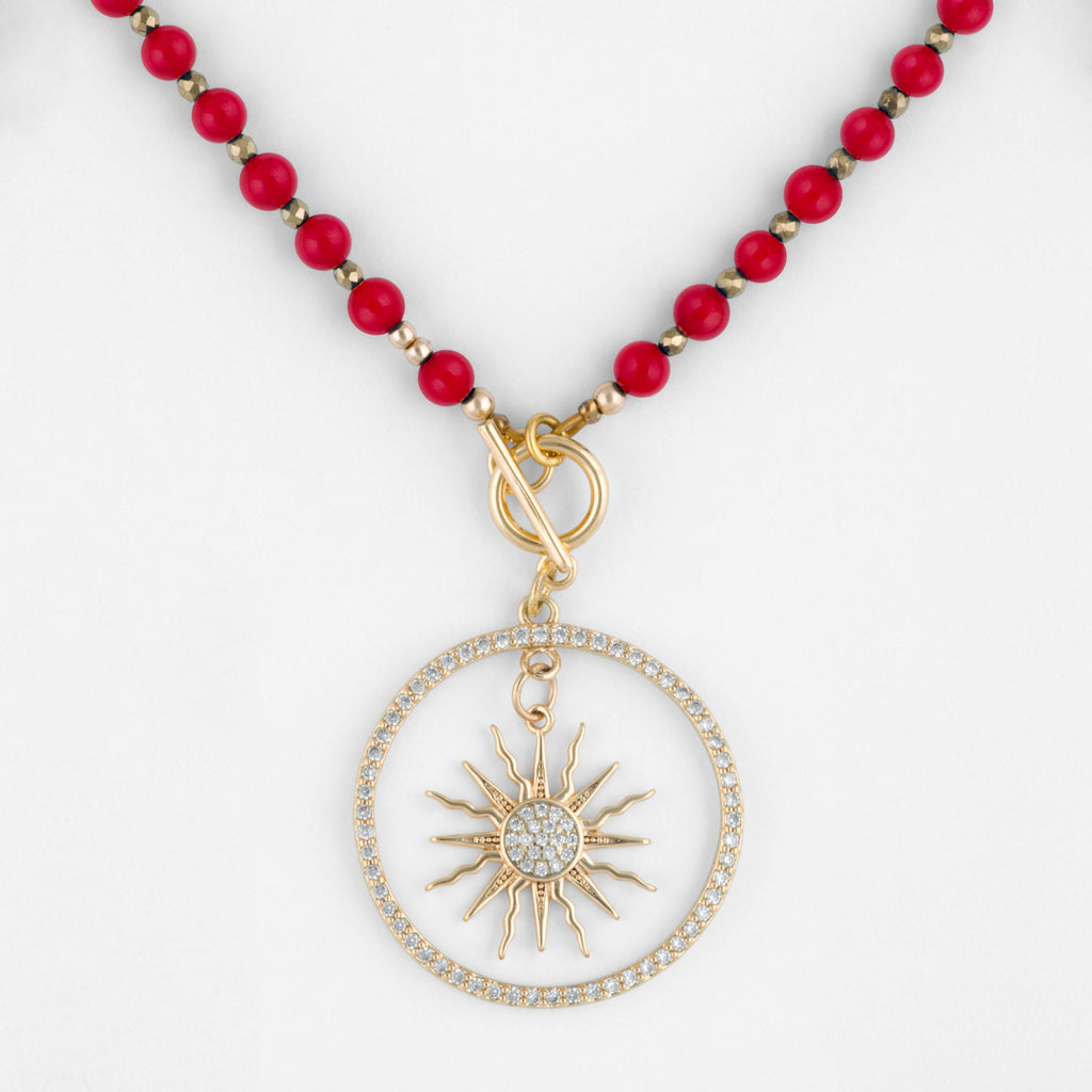 Eudora Red Coral Gemstone Necklace with Customizable Gold Pendant