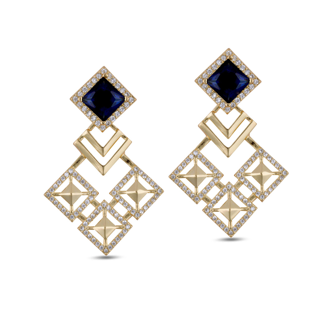 Malaya Blue Crystal Kite Drop Gold Earrings - Purple Dew