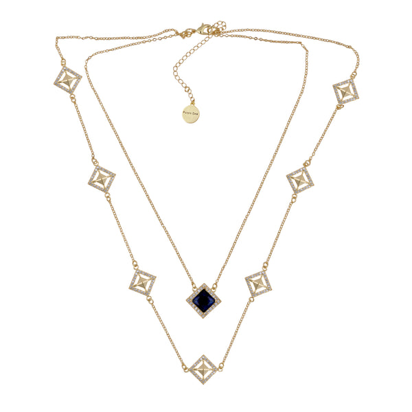 Malaya Blue Crystal Kite Double Layer Gold Necklace - Purple Dew
