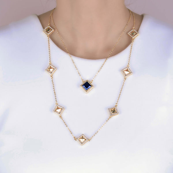 Malaya Blue Crystal Kite Double Layer Gold Necklace - Purple Dew