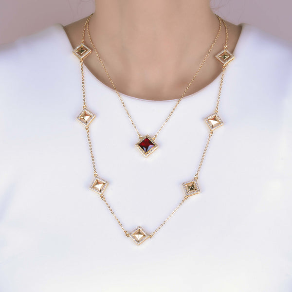 Malaya Red Crystal Kite Double Layer Gold Necklace - Purple Dew