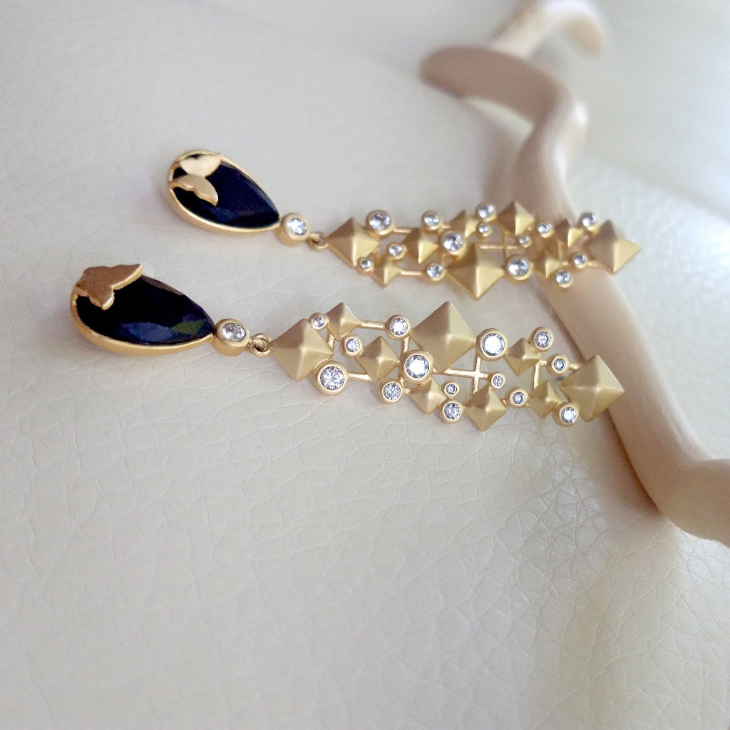Nava Black Crystal Drop Butterfly Gold Earrings- Purple Dew
