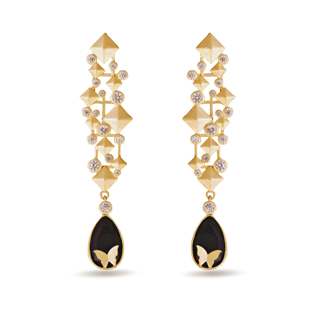 Nava Black Crystal Drop Butterfly Gold Earrings - Purple Dew