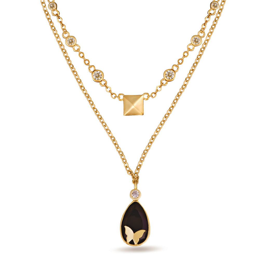 Nava Two Layer Black Pendant Gold Necklace - Purple Dew