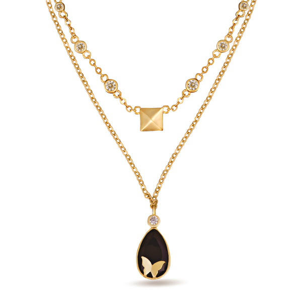 Nava Two Layer Black Pendant Gold Necklace - Purple Dew