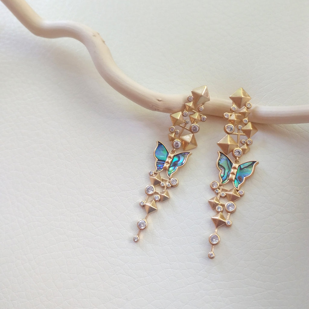 Nava Mother of Pearl Butterfly Drop Gold Earrings - Purple Dew