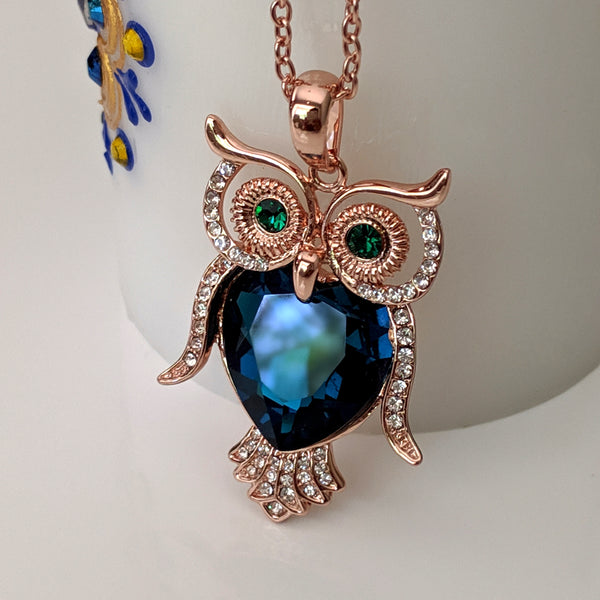 Owlie Blue Crystal Owl Long Necklace