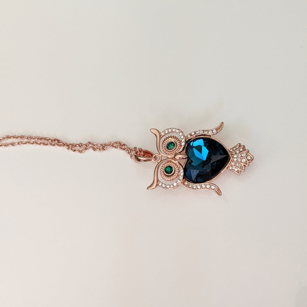 Owlie Blue Crystal Owl Long Necklace
