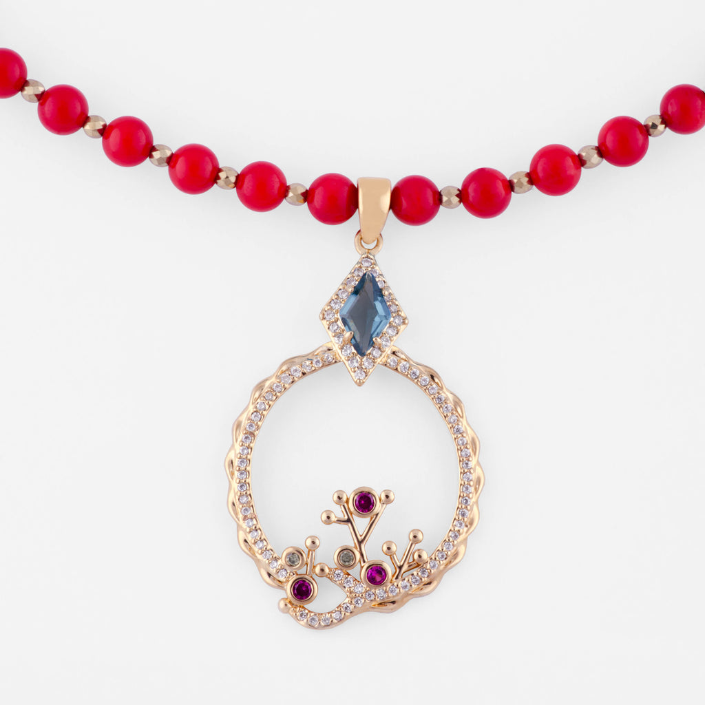 Natural Red Coral Gemstone Bead Necklace with Crystal Gold Pendant